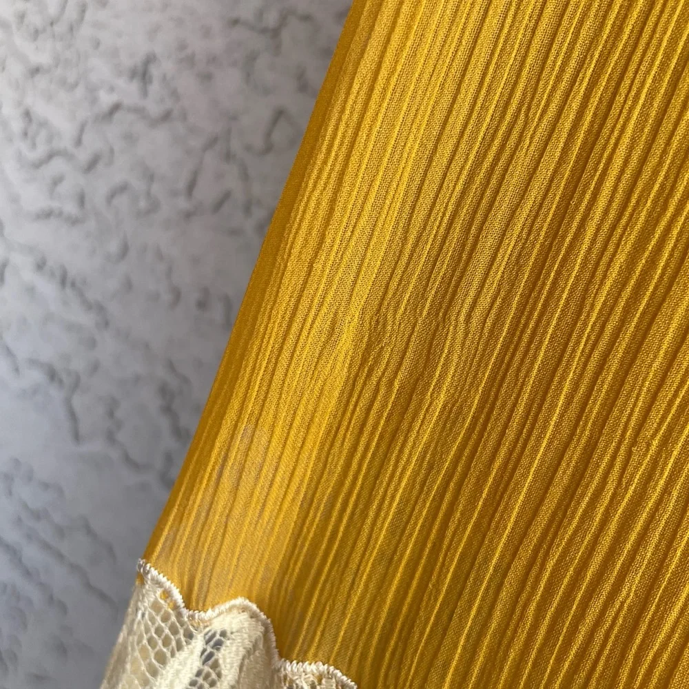 ASOS Mustard Yellow Saffron Chiffon Boho Lace Crochet Ruched Mini Dress - Picture 9 of 13